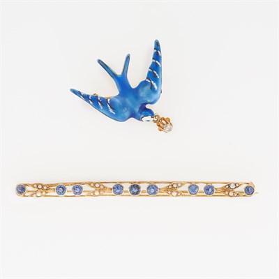 Lot 1158 - Gold, Sapphire and Split Pearl Bar Pin and Enamel Bird Pin