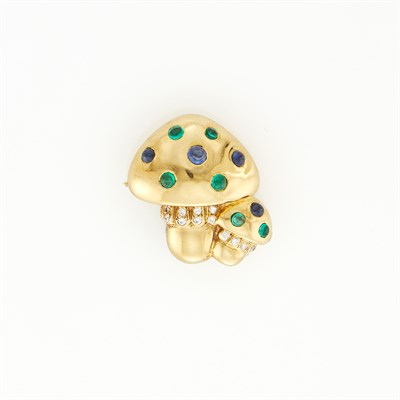 Lot 1007 - Gold, Sapphire, Emerald and Diamond Mushroom Pin