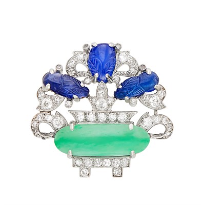 Lot 40 - Cartier Platinum, Jade, Carved Sapphire and Diamond Flower Basket Brooch