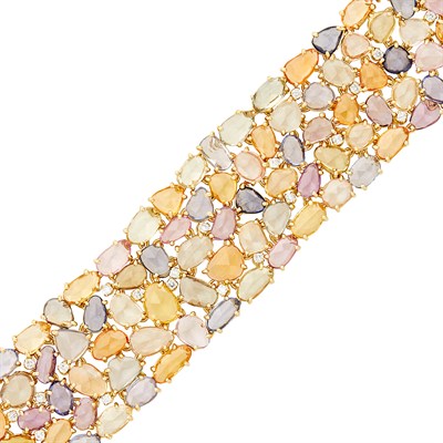 Lot 83 - Wide Gold, Multicolored Sapphire and Diamond Bracelet