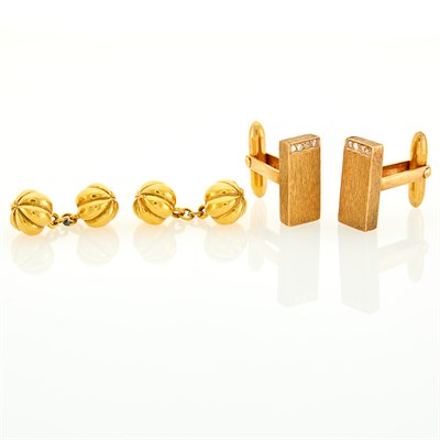 Lot 151 - Pair of Gilt-Metal Melon Cufflinks and Pair of Gold and Diamond Cufflinks
