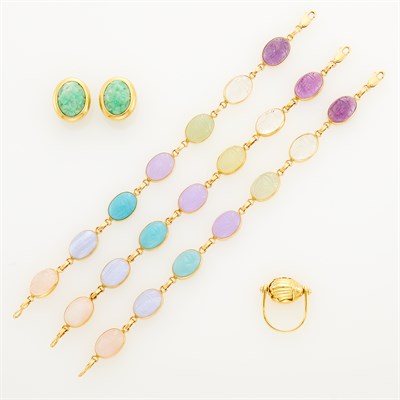 Lot 78 - Tiffany & Co. Gold Scarab Ring, Three Gold and Pastel Hardstone Scarab Bracelets and Pair of Gold and Carved Jade Earclips