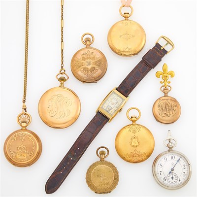 Lot 148 - Eight Gold, Gold-Filled and Metal Pocket Watches and Wristwatch