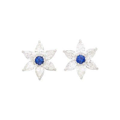 Lot 77 - Pair of Platinum, Sapphire and Diamond Flower Earrings