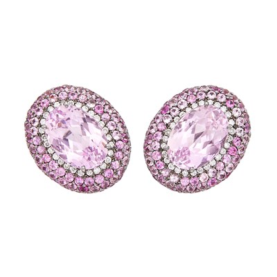 Lot 75 - Pair of Blackened Gold, Kunzite, Pink Sapphire and Diamond Earrings