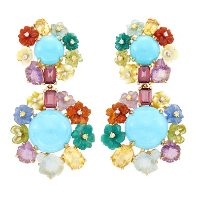 Lot 32 - Pair of Gold, Turquoise, Carved Colored Stone and Diamond Pendant-Earclips