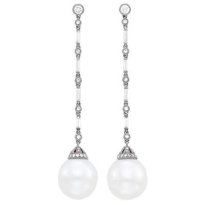 Lot 51 - Pair of Blackened Gold, Cultured Pearl and Diamond Pendant-Earrings
