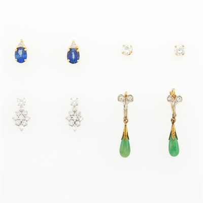 Lot 2144 - Four Pairs of Two-Color Gold, Diamond and Gem-Set Earrings