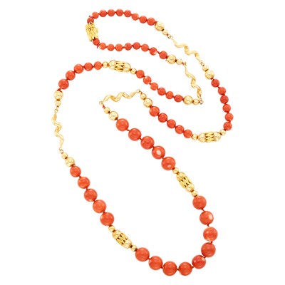 Lot 135 - Long Gold and Coral Bead Necklace