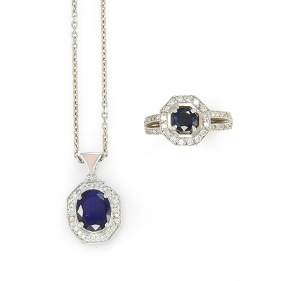Lot 182 - White Gold, Sapphire and Diamond Necklace and Ring