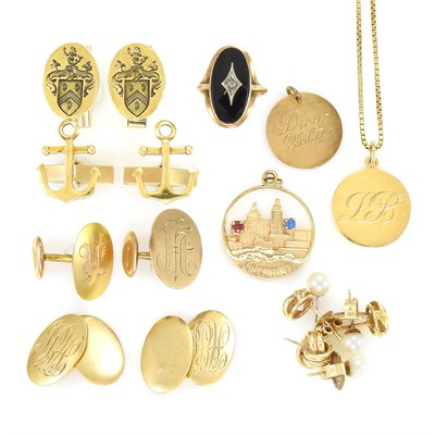 Lot 235 - Group of Gold Cufflinks, Charms and Jewelry