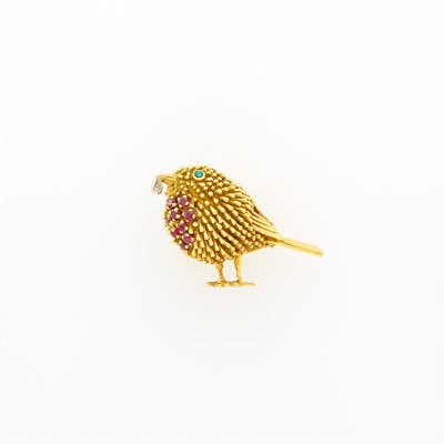 Lot 34 - Tiffany & Co. Gold, Ruby, Emerald and Diamond Bird Clip-Brooch, France