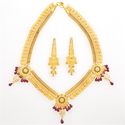 Lot 1207 - Indian High Karat Gold, Foil-Backed Diamond and Ruby Bead Necklace and Pair of Gold Pendant-Earrings