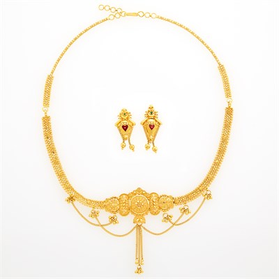 Lot 1202 - High Karat Gold Swag Fringe Necklace and Pair of Gold and Enamel Pendant-Earrings