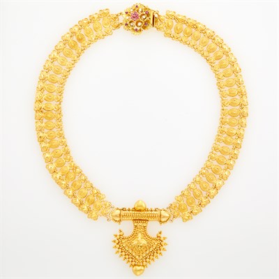 Lot 1204 - High Karat Gold Necklace with Gold, Ruby and Diamond Flower Clasp