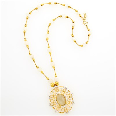 Lot 1262 - Gold, Chalcedony Bead, Moonstone and Diamond Pendant with Gilt-Metal Bead Necklace