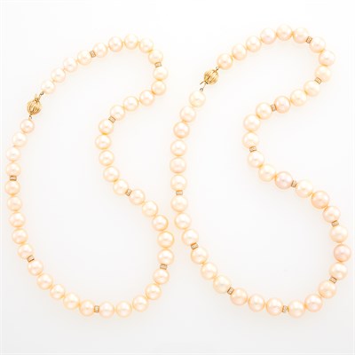 Lot 1295 - Pair of Peach Freshwater Pearl, Gold and Diamond Necklaces