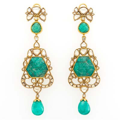 Lot 1192 - Pair of Indian High Karat Gold, Carved Emerald, Foil-Backed Diamond and White Enamel Pendant-Earrings