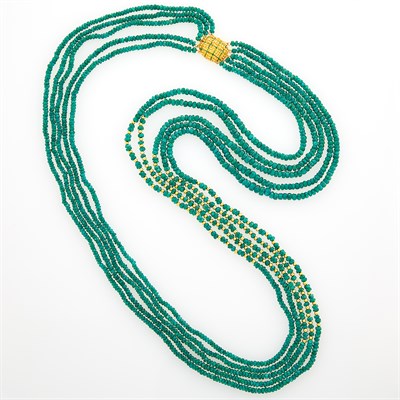 Lot 1201 - Five Strand Emerald and Gold Bead Necklace