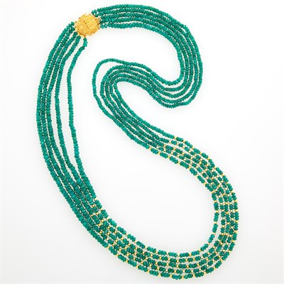 Lot 1286 - Five Strand Emerald and Gold Bead Necklace