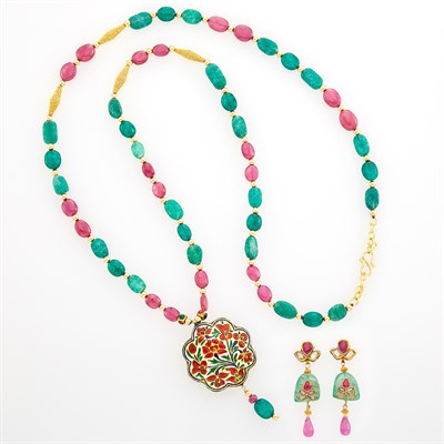 Lot 1195 - Indian High Karat Gold, Emerald, Ruby, Gold Bead and Jaipur Enamel Pendant-Necklace and Pair of Pendant-Earrings