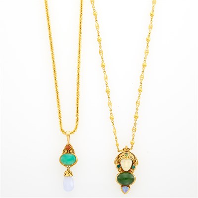 Lot 1198 - Two Gold and Hardstone Pendant-Necklaces