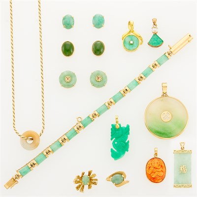 Lot 80 - Group of Gold, Multicolored Jade, Carved Coral Jewelry and Costume Pendant