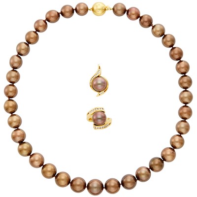 Lot 50 - Dyed Brown Cultured Pearl Necklace, Ring and Pendant