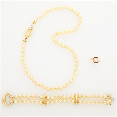 Lot 116 - Gold, Golden Cultured Pearl and Diamond Necklace and Double Strand Bracelet and Cultured Pearl Ring