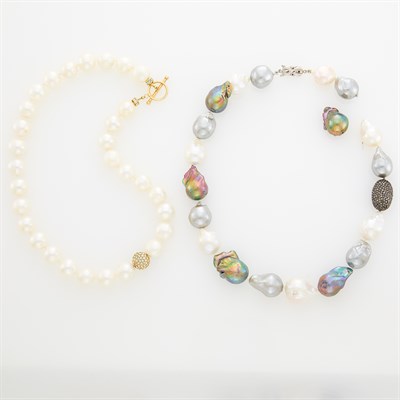 Lot 106 - Baroque Cultured Pearl, Silver and Diamond Necklace and Freshwater Pearl Necklace with Costume Clasp