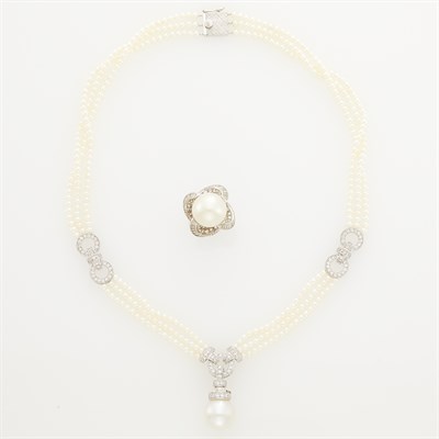 Lot 192 - Triple Strand Cultured Pearl, White Gold, Diamond and South Sea Cultured Pearl Pendant-Necklace and Ring