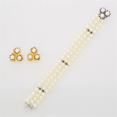 Lot 63 - Pair of Gold and Cultured Pearl Earrings and Triple Strand Cultured Pearl,
White Gold and Sapphire Bracelet