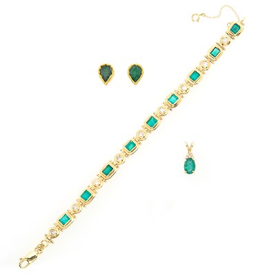 Lot 215 - Gold, Emerald and Diamond Bracelet, Pendant and Pair of Earrings