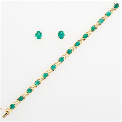 Lot 44 - Gold, Cabochon Emerald and Diamond Bracelet and Pair of Emerald Earrings