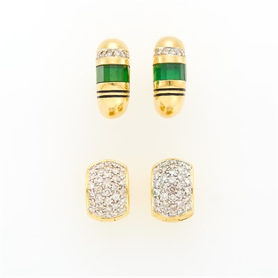 Lot 35 - Pair of Gold, Tourmaline, Enamel and Diamond Earrings and Gold and Diamond Huggie Earrings