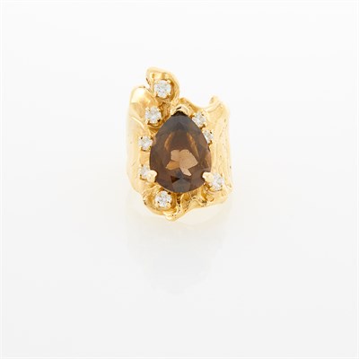 Lot 49 - Wide Gold, Smoky Quartz and Diamond Ring