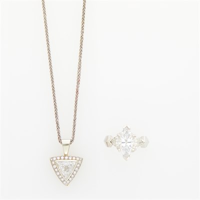 Lot 180 - White Gold and Diamond Pendant with Chain Necklace and Cubic Zirconia Ring