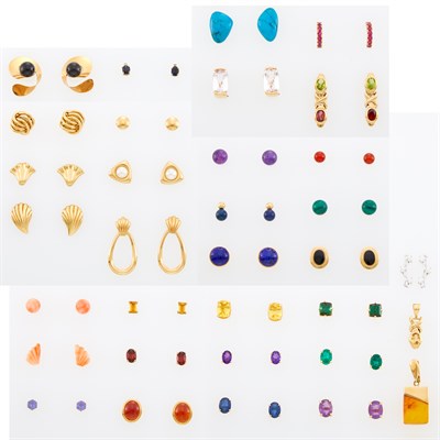 Lot 107 - Group of Gold, Low Karat Gold, Metal, Colored Stone and Diamond Earrings, Pendants and Fragments