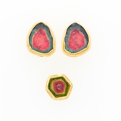 Lot 23 - Pair of Gold and Watermelon Tourmaline Earrings and Enhancer