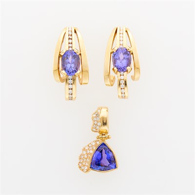 Lot 196 - Pair of Gold, Tanzanite and Diamond Earrings and Pendant