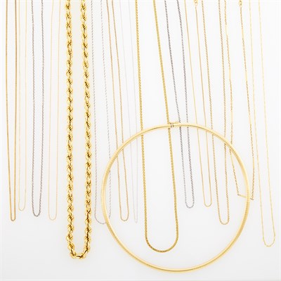 Lot 249 - Twelve Yellow and White Gold Chains, Platinum Chain, Silver Chain and Gilt-Metal Chain
