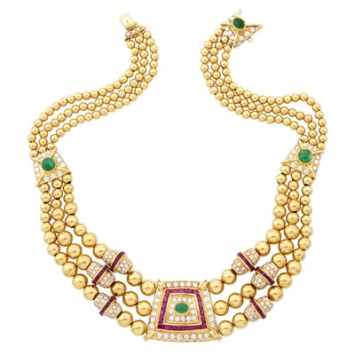 Lot 131 - Triple Strand Gold, Ruby, Emerald and Diamond Necklace