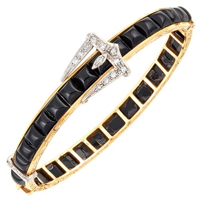 Lot 1182 - Two-Color Gold, Black Onyx and Diamond Buckle Bangle Bracelet