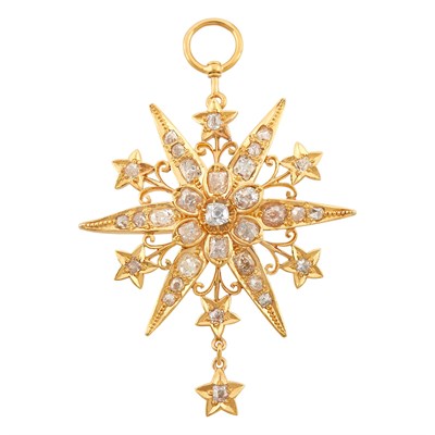 Lot 1155 - Antique Gold and Diamond Starburst Pendant-Brooch