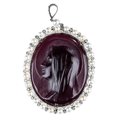 Lot 1069 - Ghiso Edwardian Platinum, Pearl, Diamond and Glass Cameo Pendant