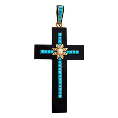 Lot 1142 - Antique Black Onyx, Gold, Turquoise, Pearl and Black Enamel Cross Pendant