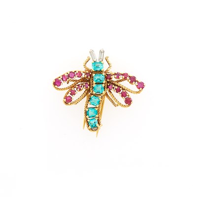 Lot 1178 - Gold, Emerald and Ruby Butterfly Clip, France