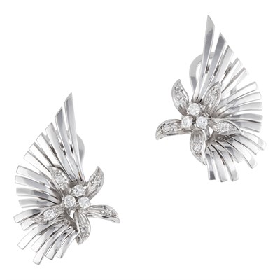 Lot 1096 - Pair of Palladium and Diamond Earclips