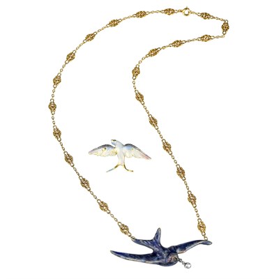 Lot 1148 - Antique Gold, Platinum, Enamel and Diamond Bird Pin and Pendant-Necklace