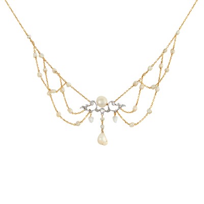 Lot 1146 - Antique Gold, Platinum, Freshwater Pearl and Diamond Swag Necklace